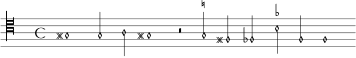 { \new MensuralVoice \with { \remove "Time_signature_engraver" } \clef "mensural-c4" gis1 g2 a gis!1 r2 \set suggestAccidentals = ##tg! \set suggestAccidentals = ##f fis fes \set suggestAccidentals = ##tbes f f1 }