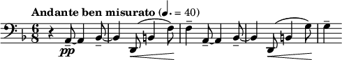\relative c { \clef brass \key d \minor \time 6/8 \tempo "アンダンテ ベン ミスラート" 4. = 40 r4 a8--~\pp a4 bes8--~ | bes4 d,8(\< b'4 f'8\!) | f4-- a,8--~ a4 bes8--~ | bes4 d,8(\< b'4 g'8)\! | g4-- }