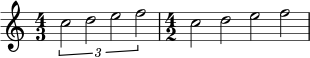{ \time 4/3 \times 2/3 {c''2 d'' e'' f''} \time 4/2 c'' d'' e'' f'' }