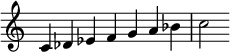 { \override Score.TimeSignature #'stencil = ##f \relative c' { \clef treble \time 7/4 c4 des es fga bes c2 } }