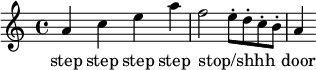 {a' c'' e'' a'' f''2 e''8-. d''8-. c''8-. b'8-. a'4} \addlyrics { ステップ ステップ ステップ ステップ ストップ/シーッ -- _ -- _ -- _ -- _ ドア }