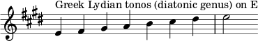 { \key e \major \override Score.TimeSignature #'stencil = ##f \relative c' { \clef treble \time 7/4 e4^\markup { ギリシャ・リディア旋法(全音階)E 音 } fis gis ab cis dis e2 } }