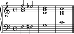 \new PianoStaff << \new Staff << \new Voice \relative c'' { \stemUp \clef treble \key c \major \time 4/4 f2 es d1 c } \new Voice \relative c'' { \stemDown <a c>1 <f b> <e g> } >> \new Staff << \new Voice \relative c { \clef bass \key c \major \time 4/4 f2 fis g1 c \bar "||" } >> >>