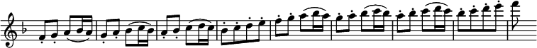 { \override Score.TimeSignature #'stencil = ##f \key f \major \time 2/4 \relative c' { f8-. g-. a( bes16 a) | g8-. a-. bes( c16 bes) | a8-. bes-. c( d16 c) | bes8-.[ c-. d-. e-.] | f-. g-. a( bes16 a) | g8-. a-. bes( c16 bes) | a8-. bes-. c( d16 c) | bes8-.[ c-. d-. e-.] | fs } }