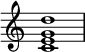 { \override Score.TimeSignature #'stencil = ##f \relative c' { \clef treble \time 4/4 \key c \major <ceg d'>1 } }