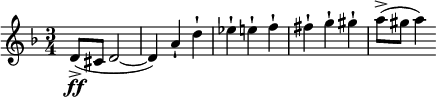\new Score { \new Staff { \relative c' { \time 3/4 \key d \minor \clef treble d8->(\ff cis d2~ d4) a'-! d-! es-! e-! f-! fis-! g-! gis-! a8(-> gis a4) } } }