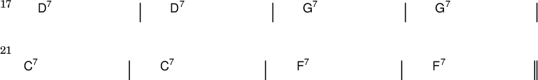 { \new ChordNames \with { \override BarLine #'bar-extent = #'(-2 . 2) \consists "Bar_engraver" } \chordmode { \override Score.BarNumber.font-size = #0 \override Score.BarNumber.stencil= #(make-stencil-boxer 0.1 0.25 ly:text-interface::print) \set Score.barNumberVisibility = #all-bar-numbers-visible \set Score.currentBarNumber = #17 \bar "" d1:7 | d:7 | g:7 | g:7 | \break c:7 | c:7 | f:7 | f:7 \bar "||" } }