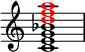 \fixed c' { \omit Score.TimeSignature <ceg bes \tweak NoteHead.color #red d' \tweak NoteHead.color #red f' \tweak NoteHead.color #red a'>1 }