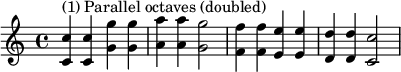 { \relative c' { \clef treble \time 4/4 \key c \major <c c'>4^\markup { "(1) 平行オクターブ(倍音)" } <c c'> <g' g'> <g g'> <a a'> <a a'> <g g'>2 <f f'>4 <f f'> <e e'> <e e'> <d d'> <d d'> <c c'>2 } }