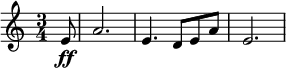 \relative c' { \clef treble \key a \minor \time 3/4 \set Staff.midiInstrument = #"french horn" \partial 8*1 e8\ff | a2. | e4. d8 ea | e2. } \midi{\tempo 4 = 180}