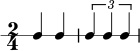 \new RhythmicStaff { \clef percussion \time 2/4 \set Score.tempoHideNote = ##t \tempo 4 = 100 c4 c \tuplet 3/2 { c4 cc } }