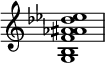{ \override Score.TimeSignature #'stencil = ##f \relative c' { \clef treble \time 4/4 \key c \major \textLengthOn <gb f' aes ais des es>1 } }