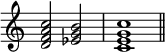 { \omit Score.TimeSignature \relative c' {<dfa c>2 <es g b> <ceg c>1 \bar "||" } }