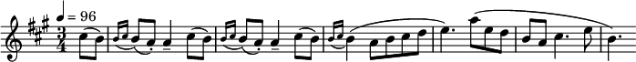 \transpose ca { \relative c' { \set Staff.midiInstrument = #"clarinet" \tempo 4 = 96 \key c \major \time 3/4 \partial4 e8( d) \acciaccatura { d16 e } d8( c- .) c4-- e8( d) \acciaccatura { d16 e } d8( c-.) c4-- e8( d) \acciaccatura { d16 e } d4( c8 def g4.) c8( gfdc e4. g8 d4.) } }
