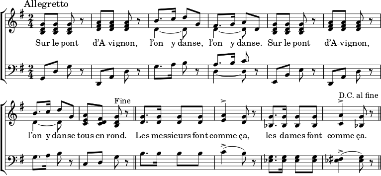  % ジャン＝バティスト・ウェッカーリン編曲 [[:fr:s:アヴィニョンの橋の上で (ウェッカーリン 1870)]] % 詩に少し異なる言葉を使用 \header { tagline = ##f } \layout { indent = 0 \context { \Score \remove "Bar_number_engraver" } \context { \Voice \remove "Dynamic_engraver" } } global = { \key g \major \time 2/4 } chorvoice = \relative c' { \global \set midiInstrument = "flute" \autoBeamOff \set Score.tempoHideNote = ##t \tempo 4=100 g'8^>\fg g4 | a8^> a a4 | b8. c16 d8 g, |フィス8。 g16 a8 d、 | g8^> g g4 | a8^> a a4 | b8. c16 d8 g、 | a fi g r8 \bar "||" } versevoice = \relative c' { \set midiInstrument = "フルート" g'8. g16 g8 g | \set Score.tempoHideNote = ##t \tempo 4=50 a4^> g8 r8 | \tempo 4=100 g8. g16 g8 g | \tempo 4=50 a4^> g8 r8 \bar "||" \tempo 4=100 } chorlyrics = \lyricmode { Sur le pont d'A -- vi -- gnon、l'on y dan -- se、l'on y dan -- se。 Sur le pont d'A -- vi -- gnon、l'on y dan -- se tous en rond。 } verselyrics = \lyricmode { Les mes -- sieurs font comme ça、les da -- mes font comme ça。 } chorright = \relative c'' { \global \set midiInstrument = "ビブラフォン" \mark \markup "Allegretto" <gd b>8\pp <gd b> <gd b> r8 | } <a fi s d> <a fi s d> <a fi s d> r8 | << { b8. c16 d8 g、 |フィス8。 g16 a8 d, } \\ { d4~ d8 s8 | d4~d8 s8 } >> | <gd b>8 <gd b> <gd b> r8 | <a fi s d> <a fi s d> <a fi s d> r8 | << { b8. c16 d8 g, } \\ { d4~ d8 s8 } >> | <a' e c>8 <fis d c> <gd b>^"大丈夫" r8 \bar "||" } verseright = \relative c' { \set midiInstrument = "ビブラフォン" <g' d>8. <g d>16 <g d>8 <g d> | <a e>4^> <g d>8 r8 | <g bes,>8. <g bes,>16 <g bes,>8 <g bes,> | <ac,>4^>^"DC al fine" <g bes,>8 r8 \bar "||" } chorleft = \relative c { \global \set midiInstrument = "vibraphone" g8\p d' g r8 | d, a' d r8 | g8. a16 b8 r8 | << { a8. b16 c8 } \\ { d,4~ d8 } >> r8 | e,8 b' e r8 | d, a' d r8 | g8. a16 b8 r8 | c, dg r8 \bar "||" } verseleft = \relative c { \set midiInstrument = "vibraphone" b'8. b16 b8 b8 | c4-> (b8) r8 | <ees, g>8. <ees g>16 <ees g>8 <ees g> | <ees fis!>4-> (<ees g>8) r8 \bar "||" } voicepart = \new Staff { \clef treble \chorvoice \versevoice } \addlyrics { \chorlyrics \verselyrics } pianopart = \new ChoirStaff %{ PianoStaff %} << \new Staff { \clef treble \chorright \verseright } \addlyrics { \chorlyrics \verselyrics } \new Staff { \clef bass \chorleft \verseleft } >> \score { << % \voicepart % この行を有効にすると、上に別の声楽譜が作成されます。\pianopart >> \layout { } } \score { { << { \chorvoice \versevoice } \\ { \chorright \verseright } \\ { \chorleft \verseleft } >> << \chorvoice \\ \chorright \\ \chorleft >> } \midi { \context { \Score midiChannelMapping = #'instrument } \context { \Staff \remove "Staff_performer" } \context { \Voice \consists "Staff_performer" } } } 