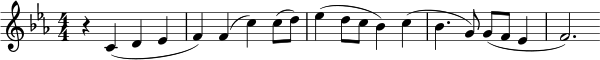 \relative c' { \clef treble \numericTimeSignature \time 4/4 \tempo "" \tempo 4 = 132 \key c \minor r4 c( d ees | f) f( c') c8( d) | ees4( d8 c bes4) c( | bes4. g8) g( f ees4 | f2.) }