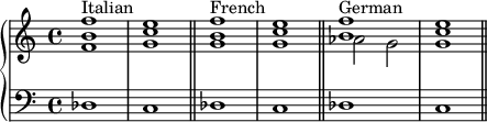 { \new PianoStaff << \new Staff << \new Voice \relative c' { \clef treble \key c \major \time 4/4 <fb f'>1^\markup { "イタリア語" } <gc e> <gb f'>^\markup { "フランス語" } <gc e> \voiceOne <b f'>^\markup { "ドイツ語" } <c e> } \new Voice \relative c'' { \clef treble \key c \major \time 4/4 s1 sss \voiceTwo aes2 g g1 } >> \new Staff << \relative c { \clef bass \key c \major \time 4/4 des1 c \bar "||" des c \bar "||" des c \bar "||" } >> >> }