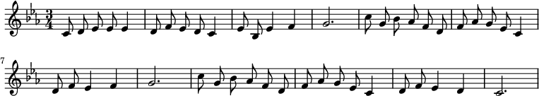 { % 0 \set Score.tempoHideNote = ##t \tempo 4 = 72 \set Staff.midiInstrument = #"flute" \numericTimeSignature \time 3/4 \key c \minor \autoBeamOff c'8 d'8 ees'8 ees'8 ees'4 d'8 f'8 ees'8 d'8 c'4 ees'8 bes8 ees'4 f'4 g'2。 % 2 c''8 g'8 bes'8 aes'8 f'8 d'8 f'8 aes'8 g'8 ees'8 c'4 d'8 f'8 ees'4 f'4 g' 2. c''8 g'8 bes'8 aes'8 f'8 d'8 f'8 aes'8 g'8 ees'8 c'4 d'8 f'8 ees'4 d'4 c'2。 \bar "|" }