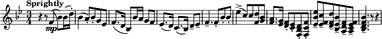 
\new Staff { \key bes \major \time 3/4 \clef treble \set Staff.midiInstrument = #"clarinet" \tempo Sprightly 4 = 92 \set Score.tempoHideNote = ##t | r4 r8 f'8(\mp bes'8) bes'16( d''16-.) | bes'4( a'8-.) bes'-. g'8 ees' | f'8.( d'16 bes8) bes'16 a' g'8 f' | ees'8.( d'16) c'8.( bes16) d'8-- ees'-- | f'4.-- f'8-. bes'8-. bes'-. | ees''4->( c''8) c'' <<d''8 f'>> <<g'8 bes'>> | <<f'8. a'>> <<ees'16 g'>> <<d'8-. f'>> <<c'-. ees'>> <<f8-. bes d'>> <<f-. c' f'>> | <<ees'8-- bes' ees''>> <<ees'-- f' c''>> <<d'-- f' d''>> <<bes-- ees' bes'>> <<a-- d' f'>> <<a-- c' ees' f'>> | <<bes4.-- d' f' bes'>> r8 r4 }
