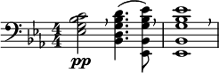 \relative c' { \clef bass \numericTimeSignature \time 4/4 \key ees \major <c bes g ees>2\pp \breathe <d bes gd bes>4.( <ees bes g bes, ees,>8) \breathe | <ees bes g bes, ees,>1 \breathe }