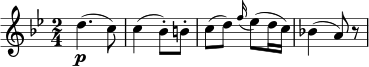 { \relative d'' { \key bes \major \time 2/4 d4.( \p c8) c4( bes8-.) b-. c8( d) \appoggiatura f16 es8( d16 c) bes!4( a8) r } }