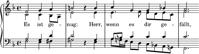 { #(set-global-staff-size 14) \new PianoStaff << \new Staff << \set Staff.midiInstrument = "reed organ" \new Voice \relative c' { \stemUp \clef treble \key f \major \time 4/4 f2 g4 a b2 r4 b c4 gg bes! a2. } \addlyrics { そうです、そうです、そうです、そうです、 } \new Voice \relative c' { \stemDown c2 c4 bes8 a e'2 s4 e e4. f8 edec f2. } >> \new Staff << \set Staff.midiInstrument = "リードオルガン" \new Voice \relative c' { \stemUp \clef bass \key f \major \time 4/4 a2 g4 d' d2 r4 gis, a8 b c4 cc c2. } \new Voice \relative c { \stemDown f2 e4 fis gis2 s4 e a8 g!16 f e8 dc bes! ag! f2. } >> >> }