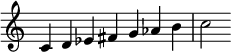 { \override Score.TimeSignature #'stencil = ##f \relative c' { \clef treble \time 7/4 c4 d es fis g aes b c2 } }