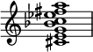 
{ \override Score.TimeSignature #'stencil = ##f \relative c' { \clef treble \key c \major <cis eg bes c es fis a>1 } }
