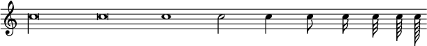 { \omit Staff.TimeSignature \time 8/1 c''\longa c''\breve c''1 c''2 c''4 c''8 c''16 c''32 c''64 c''128 }