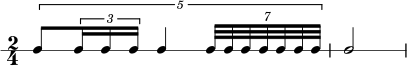 \new RhythmicStaff { \clef percussion \time 2/4 \set Score.tempoHideNote = ##t \tempo 4 = 68 \once \override TupletBracket.bracket-visibility = ##t \tuplet 5/4 {c8[ \tuplet 3/2 { c16 cc] } c4 \tuplet 7/4 { c32[ cccccc] } } c2 } 