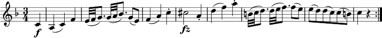 \relative c' { \key f \major \time 3/4 \partial 4 c4 \f | a4( c) f e32( f g8.) g32( a bes8.) g8( e) f4( a) c-. | cis2 \fz a4-. d4( f) a-. b,32( c d8.) d32( e f8.) f8( e) e8( d) d( c) c( b) | c4 r \bar ":|." }