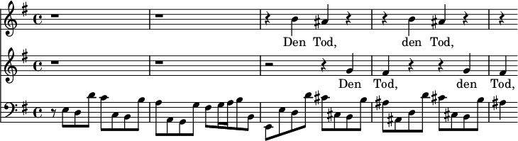 
<< << \new Staff { \clef treble \time 4/4 \key e \minor \set Staff.midiInstrument = "choir aahs" \new Voice = "Sopran" { \relative c'' { r1 | r1 | r4 b ais r | rb ais r | r } } } \new Lyrics { \lyricsto "Sopran" { Den Tod, den Tod, } } \new Staff { \clef treble \time 4/4 \key e \minor \set Staff.midiInstrument = "choir aahs" \new Voice = "Alt" { \relative c'' { r1 | r1 | r2 r4 g | fis rrg | fis } } } \new Lyrics { \lyricsto "Alt" { Den Tod, den Tod, } } \new Staff { \clef brass \key e \minor \set Staff.midiInstrument = "cello" r8 e[ d d'] c'[ cb, b] | a[ a, g, g] fis[ g16 a b8 b,] | e,[ed d'] cis'[cis b, b] | ais[ ais, d d'] cis'[ cis b, b] | ais4 } >> >> \layout { インデント = #0 } \midi { \tempo 4 = 56 }
