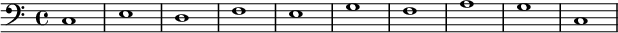 
   { \new Staff << \new Voice \relative c' { \stemDown \clef bass \key c \major \time 4/4 \tempo 1 = 60 \set Score.tempoHideNote = ##t c,1 edfegfagc, } >> }
