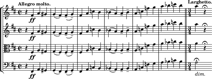 \new StaffGroup << \new Staff { \relative c' { \key b \minor \time 2/2 \tempo 「アレグロ・モルト」。 \set Staff.midiInstrument = "violin" \set Score.tempoHideNote = ##t \tempo 1 = 100 r4 fis\ff a gis g( fis) fis--( g--) fis acb bes( a) a-- bes-- acfga bes c bes \bar "||" \テンポ「ラルゲット」。 \time 3/4 a \set Score.tempoHideNote = ##t \tempo 1 = 40 r\fermata } } \new Staff { \relative c' { \key b \minor \time 2/2 \set Staff.midiInstrument = 「バイオリン」 r4 fis\ff a gis g( fis) fis--( g--) fis acb bes( a) a-- bes-- acfga bes c bes \bar "||" \time 3/4 ar\fermata } } \new Staff { \relative c' { \key b \minor \time 2/2 \clef C \set Staff.midiInstrument = "violin" r4 fis,\ff a gis g( fis) fis--( g--) fis acb bes( a) a-- bes-- acfga bes c bes \bar "||" \time 3/4 ar\fermata } } \new Staff { \relative c { \key b \minor \time 2/2 \clef brass \set Staff.midiInstrument = "cello" r4 fis, \ff a gis g( fis ) fis--( g--) fis acb bes( a) a-- bes-- acfga bes c bes \bar "||" \time 3/4 << a2\fermata { s4\dim s4\! } >> } } >>