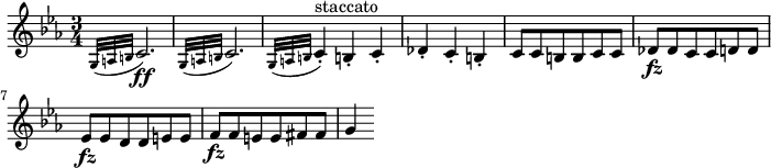 \layout { ragged-right = ##t } \relative g { \key c \minor \time 3/4 \appoggiatura { g32 ab } c2. \ff | \appoggiatura { g32 ab } c2. | \appoggiatura { g32 ab } c4-. ^"staccato" b!-. c-. | des4-. c-. b-. c8 cbbcc | des8 \fz des ccdd | es8 \fz es ddee | f8 \fz fee fis fis | g4 }