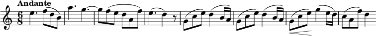 \relative c'' {\set Score.tempoHideNote = ##t \set Staff.midiInstrument = #"violin" \tempo "Andante" 8 = 100 \key c \major \time 6/8 e4. f8( db) a'4. g4. ~~ g8) f( eda f') e4.( d4) r8 g,8( ce) d4( b16 a) g8( ce) d4( b16 a) g8\<( ce\!) g4( e16 d) c8( a f') d4}