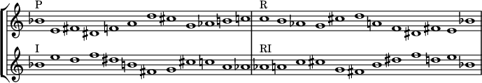 { \override Score.TimeSignature #'stencil = ##f \override Score.SpacingSpanner.strict-note-spacing = ##t \set Score.proportionalNotationDuration = #(ly:make-moment 3/1) \new StaffGroup << \new Staff \relative c'' { \time 12/1 bes1^\markup { P } e, fis dis fad cis g aes bc c^\markup { R } b aes g cis daf dis fis e bes' } \new Staff { \relative c'' { bes1^\markup { I } edf dis b fis g cis ca aes aes^\markup { RI } ac cis g fis b dis fde bes } } >> }