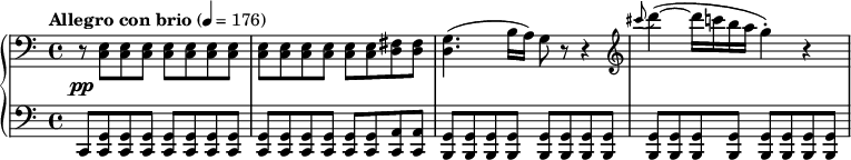 { #(set-global-staff-size 18) { \new PianoStaff << \new Staff << \new Voice \relative c { \once\override DynamicLineSpanner.staff-padding = #4 \音部低音 \time 4/4 \tempo "アレグロ コン ブリオ" 4 = 176 \override DynamicLineSpanner.staff-padding = #2.5 r8\pp <c e> <c e> <c e> <c e> <c e> <c e> <c e> <c e> <c e> <c e> <c e> <c e> <c e> <d fis> <d fis> <d g>4.( b '16 a) g8 r r4 \clef treble \grace { cis''8( } d4~)( d16 cba g4-.) r4 } >> \new Staff { \relative c, { \clef bass c8 <c g'> <c g'> <c g'> <c g'> <c g'> <c g'> <c g' > <c g'> <c g'> <c g'> <c g'> <c g'> <c g'> <c a'> <c a'> <b g'> <b g' > <b g'> <b g'> <b g'> <b g'> <b g'> <b g'> <b g'> <b g'> <b g'> <b g' > <b g'>[ <b g'> <b g'> <b g'>] } } >> } } 
