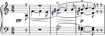 { \new PianoStaff << \new Staff << \new Voice \relative c'' { \clef treble \key a \minor \time 6/8 \voiceOne \partial8 r8 R2. \once \override NoteHead.color = #red gis4.->(~ gis4 a8 ais8-> b4~ b8) rr } \new Voice \relative c' { \override DynamicLineSpanner.staff-padding = #4.5 \once \override DynamicText.X-offset = #-5 \voiceTwo \partial8 a\pp( f'4.~\< f4 e8 \once \override NoteHead.color = #red dis2.)(\> d!4.)~\p d8 rr } >> \new Staff << \relative c { \clef bass \key a \minor \time 6/8 \partial8 r8 R2. \once \override NoteHead.color = #red <f b>2.( <e gis>4.)~ <e gis>8 rr } >> >> }