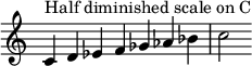 { \override Score.TimeSignature #'stencil = ##f \relative c' { \clef treble \time 7/4 c4^\markup { C の半減音階 } d es f ges aes bes c2 } }