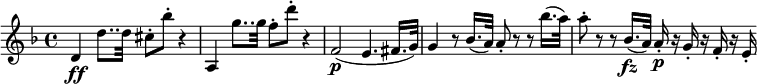 \relative d' { \key d \minor \time 4/4 d4 \ff d'8.. d32 cis8-. bes'-. r4 | a,,4 g''8.. g32 f8-. d'-. r4 f,,2( \p e4. fis16. g32) | g4 r8 bes16.( a32) a8-. rr bes'16.( a32) a8-. rr bes,16.( \fz a32) a16-. \pr g-. r f-. r e-. } \layout { \context {\Score \override SpacingSpanner.common-shortest-duration = #(ly:make-moment 1/8) } }