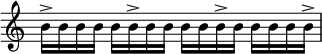 { \override Score.TimeSignature #'stencil = ##f \relative c'' { b16-> bbbb b-> bbbb b-> bbbb b-> } }