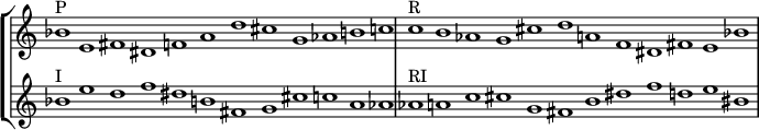 
{ \override Score.TimeSignature #'stencil = ##f \override Score.SpacingSpanner.strict-note-spacing = ##t \set Score.proportionalNotationDuration = #(ly:make-moment 3/1) \new StaffGroup << \new Staff \relative c'' { \time 12/1 bes1^\markup { P } e, fis dis fad cis g aes bc c^\markup { R } b aes g cis daf dis fis e bes' } \new Staff { \relative c'' { bes1^\markup { I } edf dis b fis g cis ca aes aes^\markup { RI } ac cis g fis b dis fde bis } } >> }
