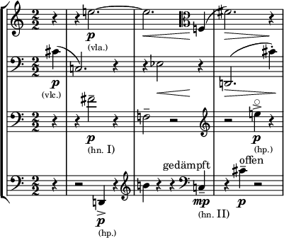 \new StaffGroup << \new Staff \relative c'' { \clef treble \override Staff.TimeSignature.style = #'numbered \time 2/2 \set Score.tempoHideNote = ##t \tempo 2 = 50 \accidentalStyle dodecaphonic \set Staff.midiInstrument = "string ensemble 1" \partial 4 r4 | r4 e2.~_\markup { \tiny (vla.) }\p | \tweak shorten-pair #'(0 . 4)\<e2. \clef alto f,,4( | )fis'2.\> r4\! | } \new Staff \relative c { \clef bass \override Staff.TimeSignature.style = #'numbered \time 2/2 \set Score.tempoNote = ##t \tempo 2 = 50 \accidentalStyle dodecaphonic \set Staff.midiInstrument = "string ensemble 1" \partial 4 cis'4_\markup { \halign #0.1 \tiny (vlc.) }\p( | )c,2. r4 | r4 ees2\tweak shorten-pair #'(0 . 4)\< \!r4 | d,2.(\> cis''4-.)\! | } \new Staff \relative c' { \clef bass \override Staff.TimeSignature.style = #'numbered \time 2/2 \set Score.tempoNote = ##t \tempo 2 = 50 \accidentalStyle dodecaphonic \set Staff.midiInstrument = "French horn" \partial 4 r4 | r4 fis2--_\markup { \tiny (hn. I) }\p r4 | f,2-- r2 \clef treble \set Staff.midiInstrument = #"orchestral harp" | r2 e''4->^\flageolet_\markup { \tiny (hp.) }\p r4 | } \new Staff \relative c, { \clef bass \override Staff.TimeSignature.style = #'numbered \time 2/2 \set Score.tempoNote = ##t \tempo 2 = 50 \accidentalStyle dodecaphonic \set Staff.midiInstrument = "orchestral harp" \partial 4 r4 | r2 d4->_\markup { \tiny (hp.) }\p r4 \clef treble | b'''4 r4 r4 \set Staff.midiInstrument = #"French horn" \clef bass \set Staff.midiInstrument = #"French horn" c,,4--^\markup { \halign #0.5 gedämpft }_\markup { \tiny (hn. II) }\mp | r4 cis'4--^"不快"\p r2 | } >>