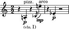 \relative c' { \clef treble \override Staff.TimeSignature.style = #'numbered \time 2/2 \set Score.tempoHideNote = ##t \tempo 2 = 50 \accidentalStyle dodecaphonic \set Staff.midiInstrument = "pizzicato strings" r4 a4^"pizz."_\markup { \tiny (vln. I) }\p-. r4 \set Staff.midiInstrument = #"string ensemble 1" \acciaccatura bes8 e'4^"arco"\mp--| r4 ees,\p-- r2 | }