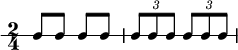 \new RhythmicStaff { \clef percussion \time 2/4 \set Score.tempoHideNote = ##t \tempo 4 = 100 c8 ccc \tuplet 3/2 { c8 cc } \tuplet 3/2 { c8 cc } }