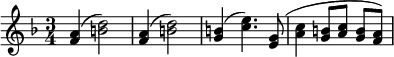 \relative c' { \key f \major \time 3/4 \set Timing.beamExceptions = #'() \set Score.tempoHideNote = ##t \tempo 4 = 160 <f a>4( <b d>2) <f a>4( <b d>2) <g b>4( <c e>4.) <e, g>8( <a c>4 <g b>8 <a c> <g b> <f a>) }