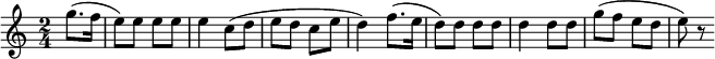 \relative { \time 2/4 \partial 4 {g''8. (f16 | e8) e8 e8 e8 e4 c8 (d8 | e8 d8 c8 e8 d4) f8。 (e16 | d8) d8 d8 d8 d4 d8 d8 | g8 (f8 e8 d8 e8) r8} }