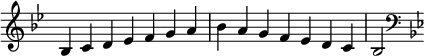  { \omit Score.TimeSignature \relative c' { \key bes \major \time 7/4 bes cd es fga bes agf es dc bes2 \clef F \key bes \major } }
