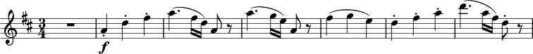 \relative a' { \key d \major \time 3/4 R2. | a4-. \f d-. fis-. a4.( fis16 d) a8 r | a'4.( g16 e) a,8 r fis'4( ge) | d4-. fis-. a-. d4.( a16 fis) d8-. r }